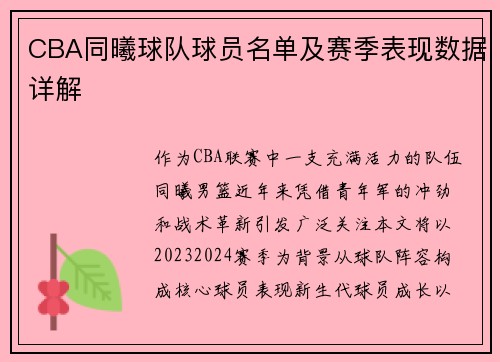 CBA同曦球队球员名单及赛季表现数据详解